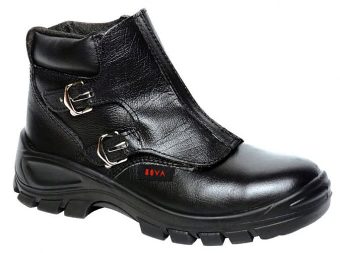 Welders safety boot with buckle in black for industrial protection.