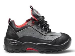 Hawk safety shoe in black and teal with durable construction and slip-resistant sole.