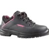 Black and pink safety shoe with durable construction and slip-resistant sole.
