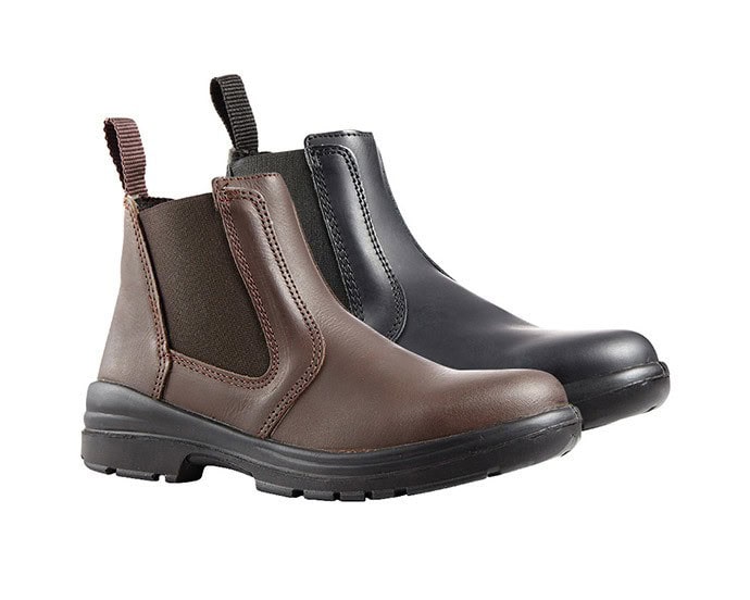 Black and brown slip-on safety boots for work and outdoor use.