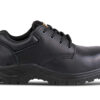 Black safety work shoe with durable leather upper and slip-resistant sole. Ideal for industrial and.