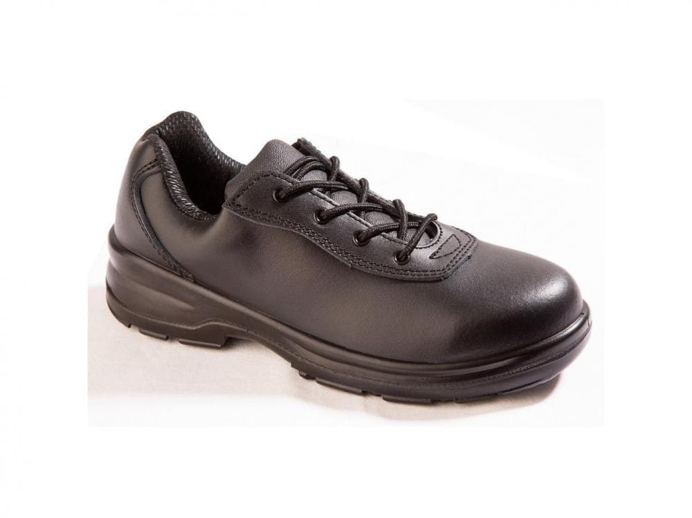 Comfortable black safety shoe for women workers.