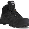 High-quality black safety boot with ankle support and slip-resistant sole.