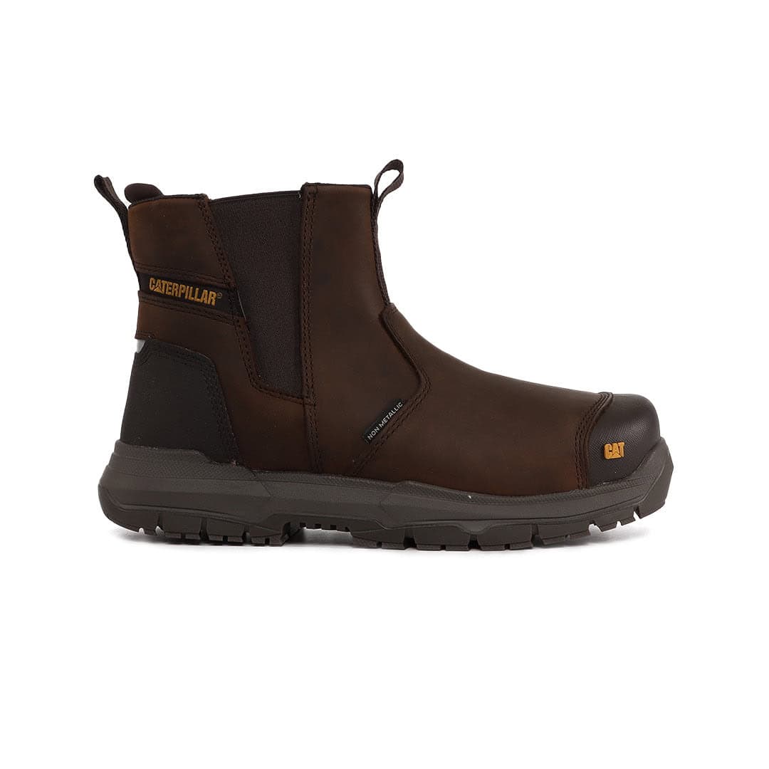 Dark coffee safety Chelsea boot with durable construction and slip-resistant sole.