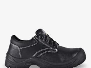 Black safety shoe with steel midsole and steel toecap for industrial protection.
